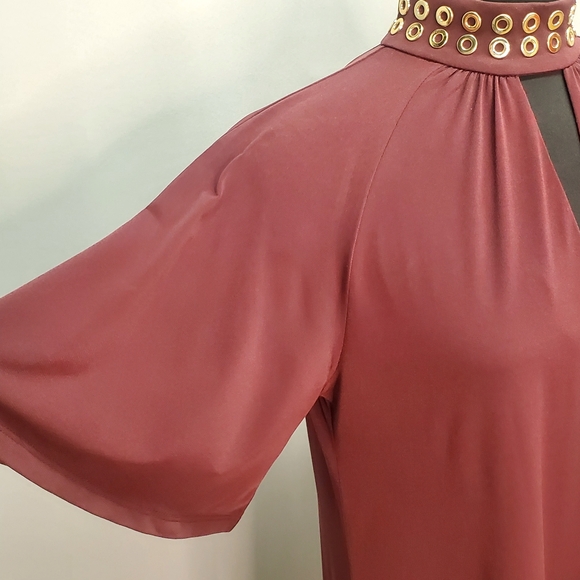 Michael Kors Burgundy Dress Gold Studs Collard Elephant Ears Sleeves Size S - Picture 8 of 13